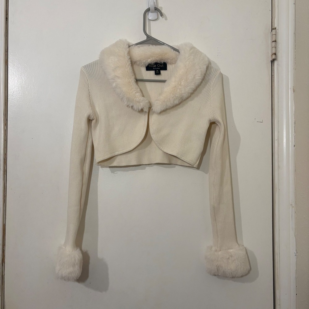 Y2K Cream Faux Fur Trim Cropped Ribbed Bolero Shrug Coquette Cardigan Glam M - Picture 2 of 6